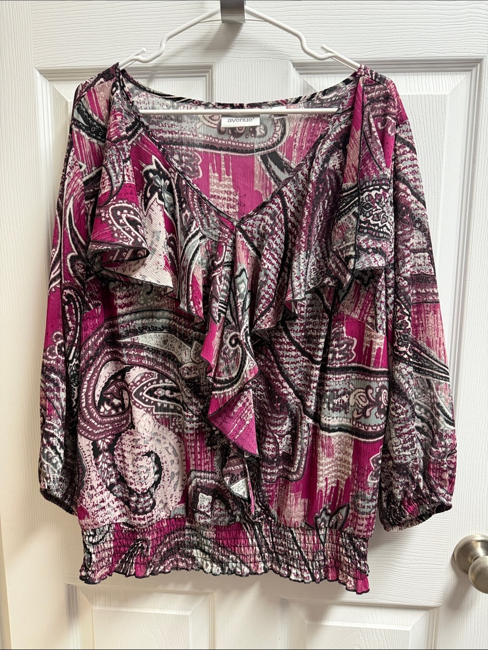 Avenue Magenta Paisley Ruffle V-Neck 3/4 sleeve Blouse